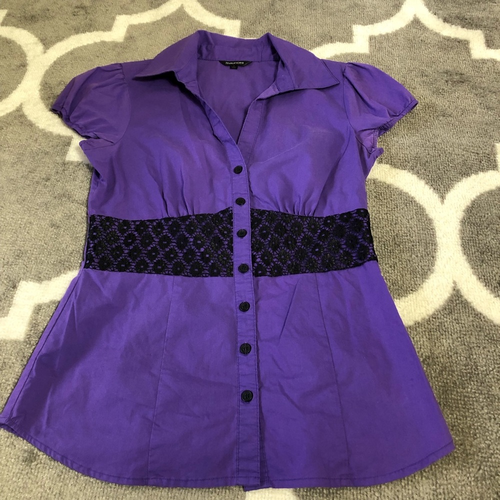 Maurices Shirt Womens Small Button Up Lace Waist Detail Purple Top Cap Sleeves